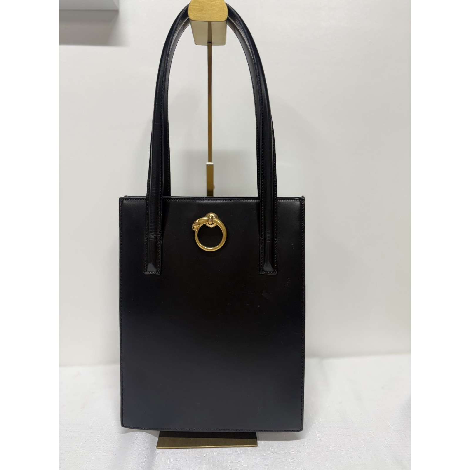 Vintage Cartier Ring Tote Bag Women's Black Shoulder Straps Inner Zip Pocket